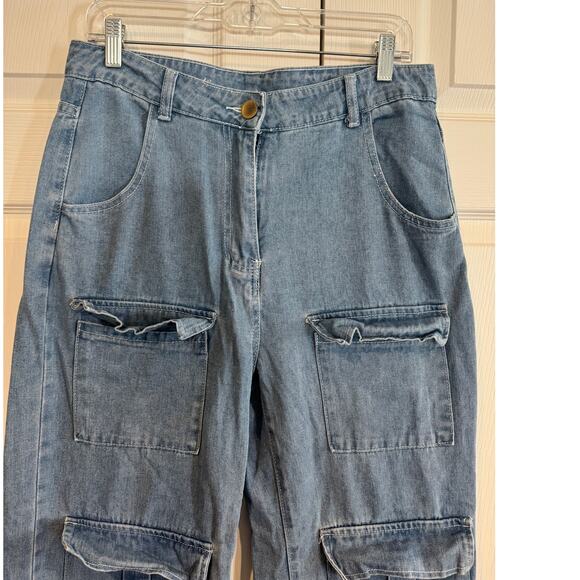 Light Wash Wide-Leg Cargo Jeans - 90s Y2K Aesthetic- Med - Picture 3 of 8